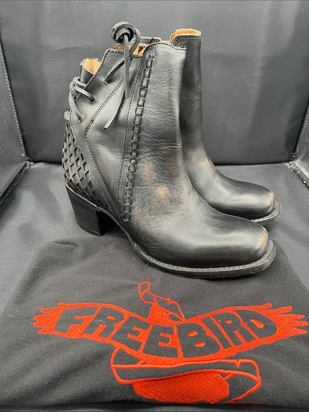 Freebird by Steven Black Leather Lattice Heel Ankle Boots